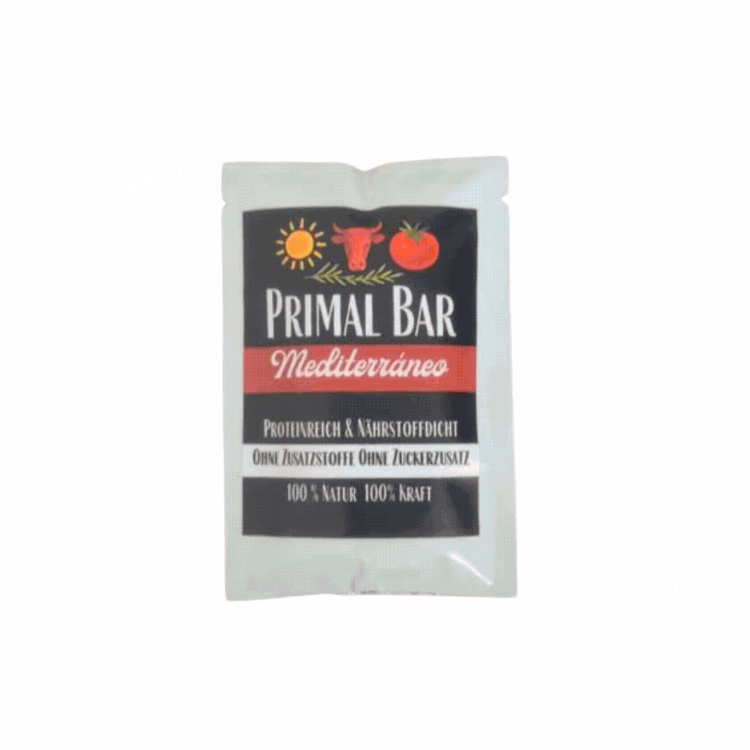 Primal Bar – Mediterraner Power-Riegel mit Weide-Rinderleber Künstlerische Darstellung der Zutaten des Primal Bar.